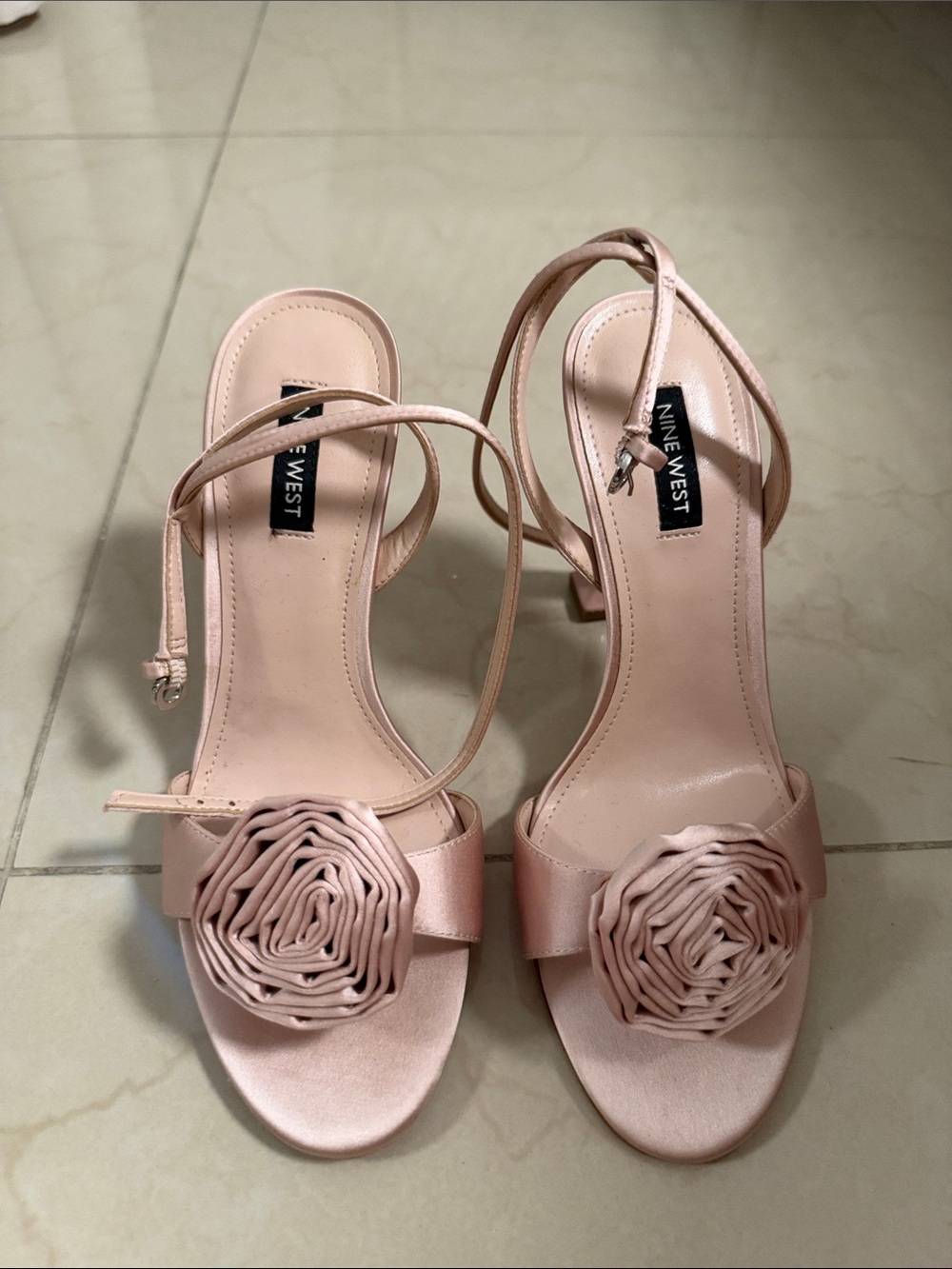 Nine West Blush Pink Satin Rose Accent Ankle-Strap Heels
